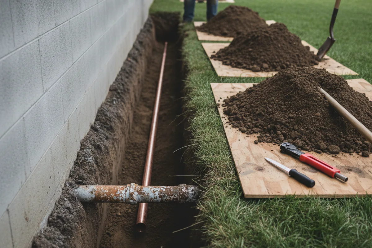 Excavated water line trench during Water Softener Installation in Effie